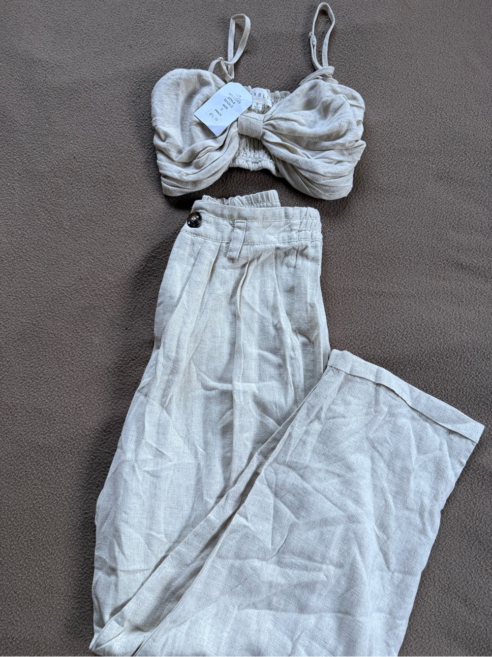 High-Rise Wide Leg Linen Blend Pants in Light Beige